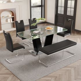 Modern Dining Table, 63" Dining Room Table with Glasstop and V-Shape Base