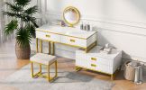 GO Modern Style Vanity Table With Movable Side Cabinet And 4-Drawers, Large Size Dressing Table With Mirror and 3-colors LED Light, Makeup Table With