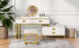GO Modern Style Vanity Table With Movable Side Cabinet And 4-Drawers, Large Size Dressing Table With Mirror and 3-colors LED Light, Makeup Table With