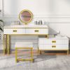 GO Modern Style Vanity Table With Movable Side Cabinet And 4-Drawers, Large Size Dressing Table With Mirror and 3-colors LED Light, Makeup Table With
