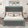King Platform Bed Frame With High headboard, Velvet Upholstered Bed with Deep Tufted Buttons, Adjustable Colorful LED Light Decorative Headboard, Wide