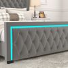 King Platform Bed Frame With High headboard, Velvet Upholstered Bed with Deep Tufted Buttons, Adjustable Colorful LED Light Decorative Headboard, Wide