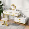 GO Modern Style Vanity Table With Movable Side Cabinet And 4-Drawers, Large Size Dressing Table With Mirror and 3-colors LED Light, Makeup Table With
